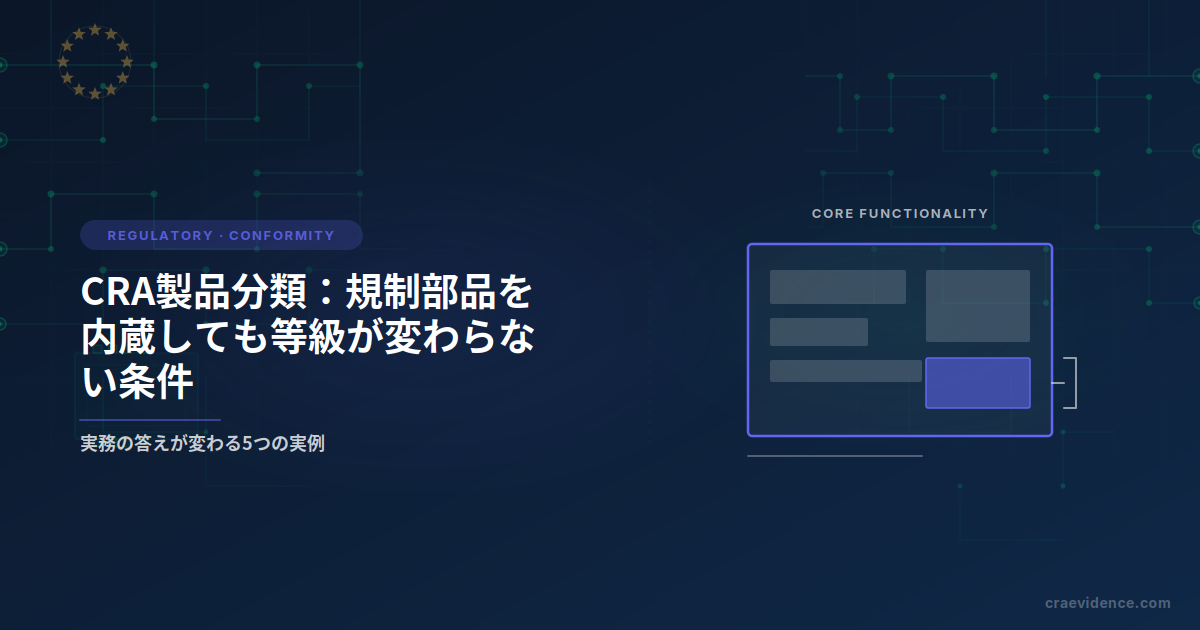 「規制対象部品を内蔵しても等級が変わらない条件」というタイトルのブログプレビュー画像。大きな製品の輪郭の中に小さな部品を強調表示したイラストを添えている。
