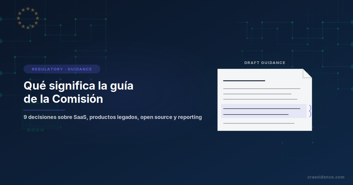 Tarjeta de vista previa del blog 'Qué significa la guía de la Comisión' junto a un documento regulatorio anotado