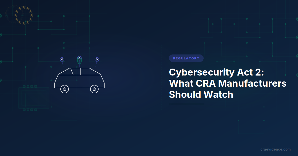 Preview card for the Cybersecurity Act 2 explainer: title on the left, illustrative motif on the right, indigo regulatory accent.