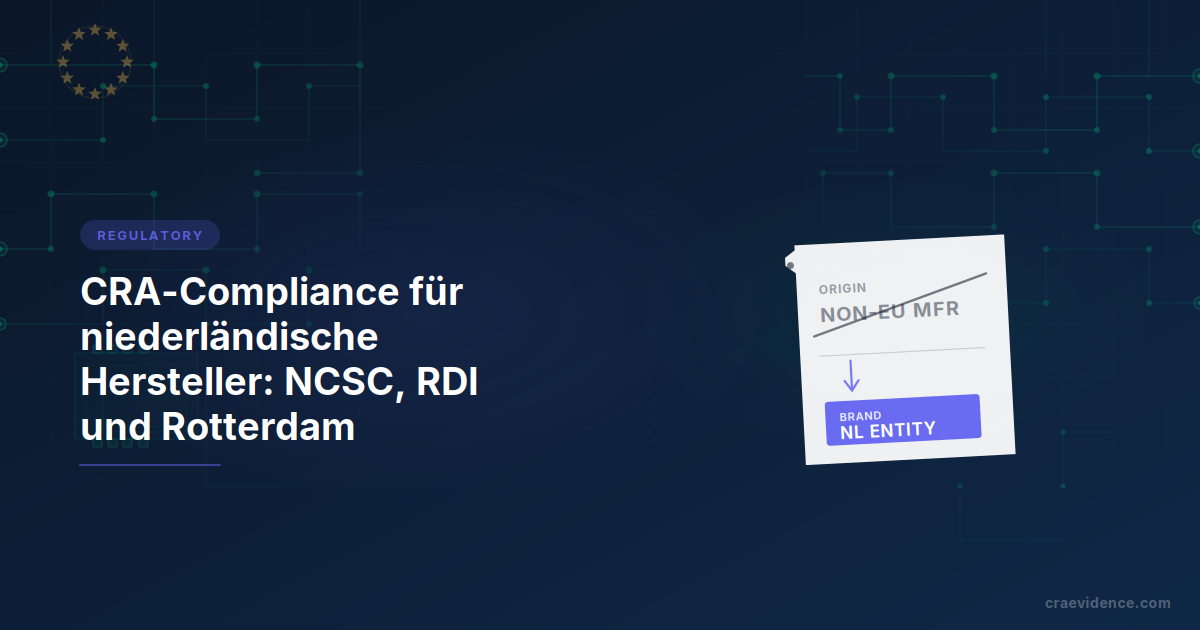 CRA-Länderkurzübersicht für niederländische Hersteller: Paketanhänger mit durchgestrichetem Ursprungsetikett NON-EU MFR und darunter angebrachtem NL ENTITY-Rebranding-Etikett, Symbol für den CRA-Rebrand-Bridge-Mechanismus
