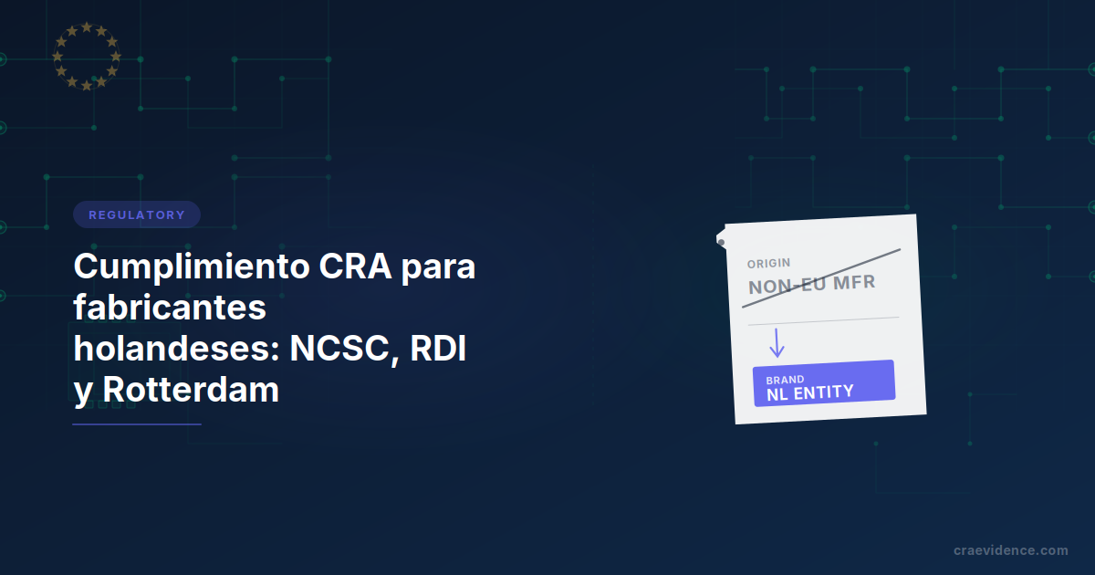 Resumen país CRA para fabricantes holandeses con la cadena institucional nacional: NCSC como CSIRT nacional fusionado, RDI como autoridad de notificación y de vigilancia de mercado, acreditación RvA y el ángulo importador de Rotterdam