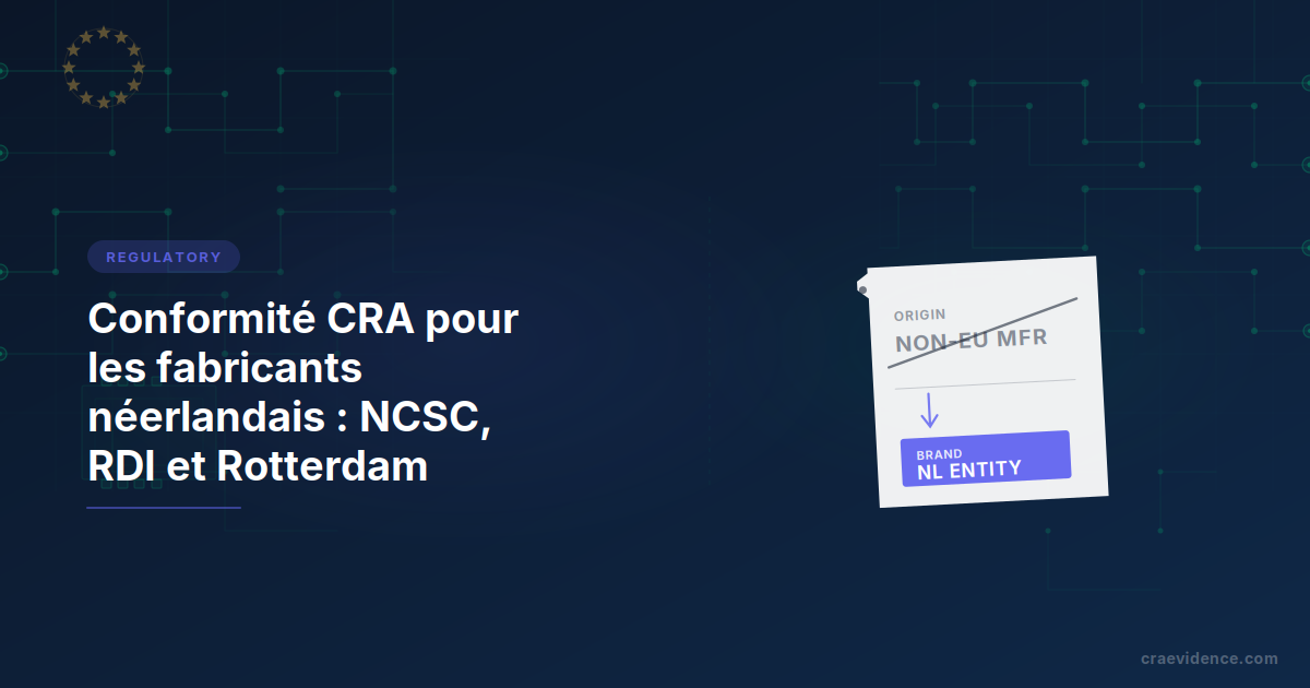 Note pays CRA pour les fabricants néerlandais : étiquette d'expédition unique avec mention d'origine fabricant non-UE barrée et étiquette de rebranding entité NL apposée en dessous, illustrant le pont de rebranding Rotterdam du Règlement sur la cyberrésilience