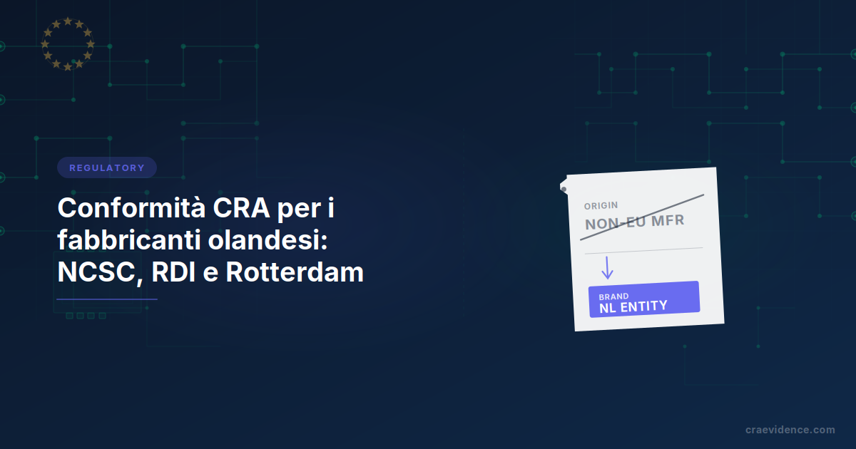 Country brief CRA per i fabbricanti olandesi: etichetta di spedizione con la denominazione del fabbricante non UE originale barrata e sostituita con quella dell'entità olandese che ha operato il rebranding