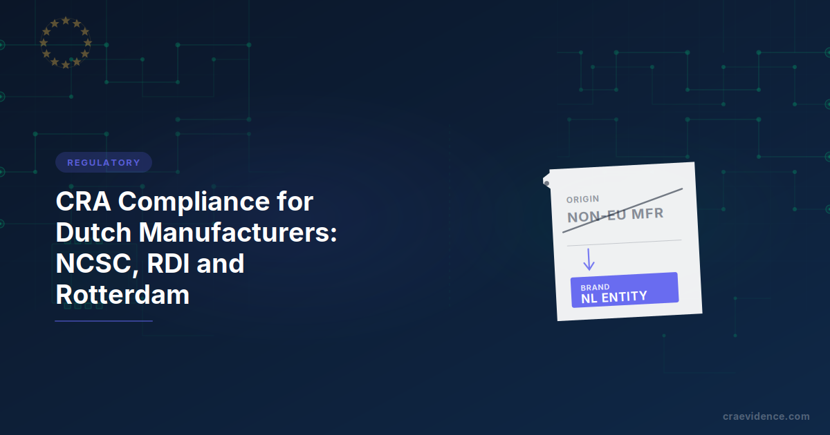 CRA country brief for Dutch manufacturers showing the national institutional chain: NCSC as the post-merger national CSIRT, RDI as notifying and market-surveillance authority, RvA accreditation, Rotterdam importer angle