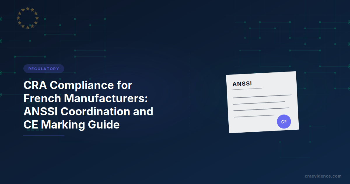 CRA country brief for French manufacturers showing the national institutional chain: CERT-FR for vulnerability reports, ANSSI as notifying authority, COFRAC for accreditation, ANFR for market surveillance