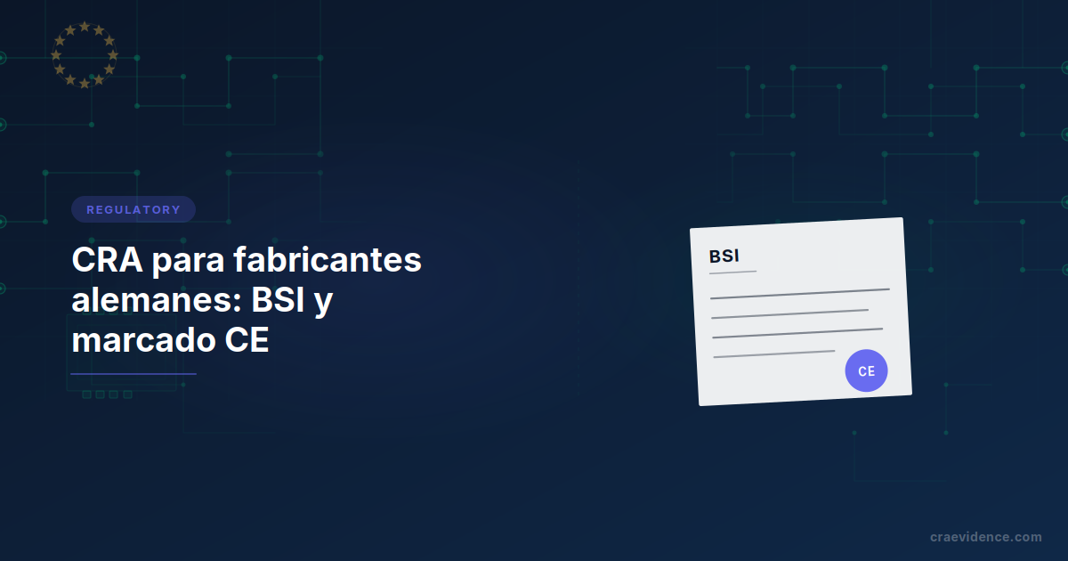 Ficha país para fabricantes alemanes que muestra la cadena institucional nacional: CERT-Bund para notificaciones de vulnerabilidades e incidentes, BSI previsto como autoridad combinada de vigilancia del mercado y notificante, DAkkS para la acreditación