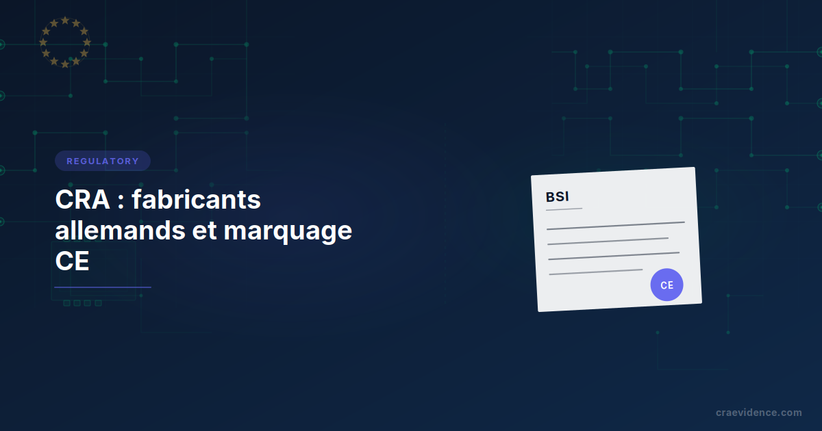 Fiche pays CRA pour les fabricants allemands illustrant la chaîne institutionnelle nationale : CERT-Bund pour les signalements de vulnérabilités et d'incidents, BSI appelé à exercer les fonctions combinées d'autorité de surveillance du marché et d'autorité notificatrice, DAkkS pour l'accréditation