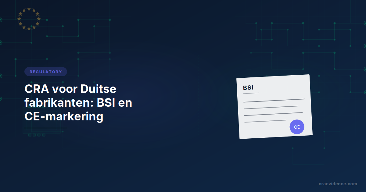 CRA-landenbriefing voor Duitse fabrikanten met de nationale institutionele keten: CERT-Bund voor kwetsbaarheden- en incidentmeldingen, BSI als verwachte gecombineerde markttoezicht- en aanmeldende autoriteit, DAkkS voor accreditatie