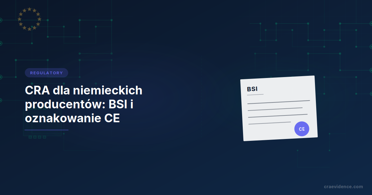 Profil kraju CRA dla niemieckich producentów przedstawiający krajowy łańcuch instytucjonalny: CERT-Bund jako punkt kontaktowy ds. zgłoszeń podatności i incydentów, BSI mający pełnić rolę organu nadzoru rynku i notyfikującego, DAkkS odpowiedzialna za akredytację