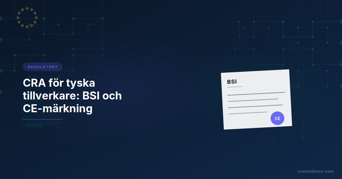 CRA landöversikt för tyska tillverkare som visar den nationella institutionskedjan: CERT-Bund för sårbarhets- och incidentrapporter, BSI som ska bli kombinerad marknadskontrollmyndighet och anmälande myndighet, DAkkS för ackreditering