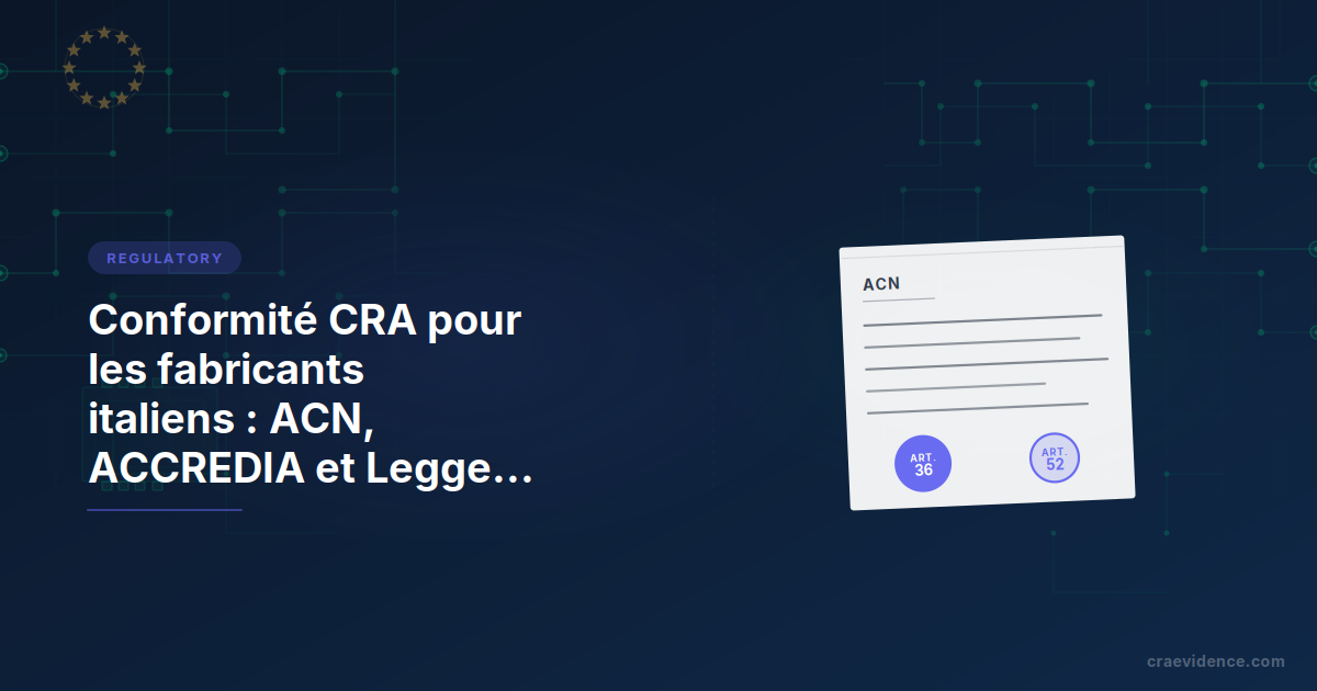 Note pays CRA pour les fabricants italiens illustrant la chaîne institutionnelle nationale : CSIRT Italia pour les signalements de vulnérabilités, ACN comme autorité de notification et de surveillance du marché (Art. 36 et Art. 52), ACCREDIA pour l'accréditation