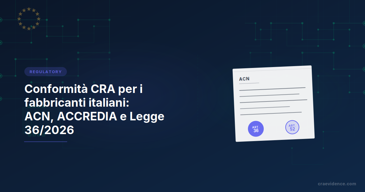 Country brief CRA per i fabbricanti italiani: catena istituzionale nazionale con CSIRT Italia per le segnalazioni di vulnerabilità, ACN come autorità di notifica e di vigilanza del mercato, ACCREDIA per l'accreditamento
