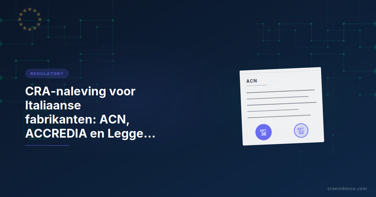 CRA-landenbriefing voor Italiaanse fabrikanten: nationale institutionele keten met ACN als aanmeldende autoriteit (Art. 36) en markttoezichtautoriteit (Art. 52), plus CSIRT Italia voor kwetsbaarheidsmelding en ACCREDIA voor accreditatie