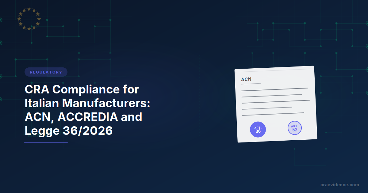 CRA country brief for Italian manufacturers showing the national institutional chain: CSIRT Italia for vulnerability reports, ACN as notifying and market-surveillance authority, ACCREDIA for accreditation