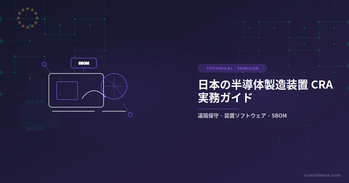 濃い紫の背景にEUの星環、半導体製造装置の線画、日本語の半導体製造装置CRA実務ガイドのタイトルを配置したブログ画像