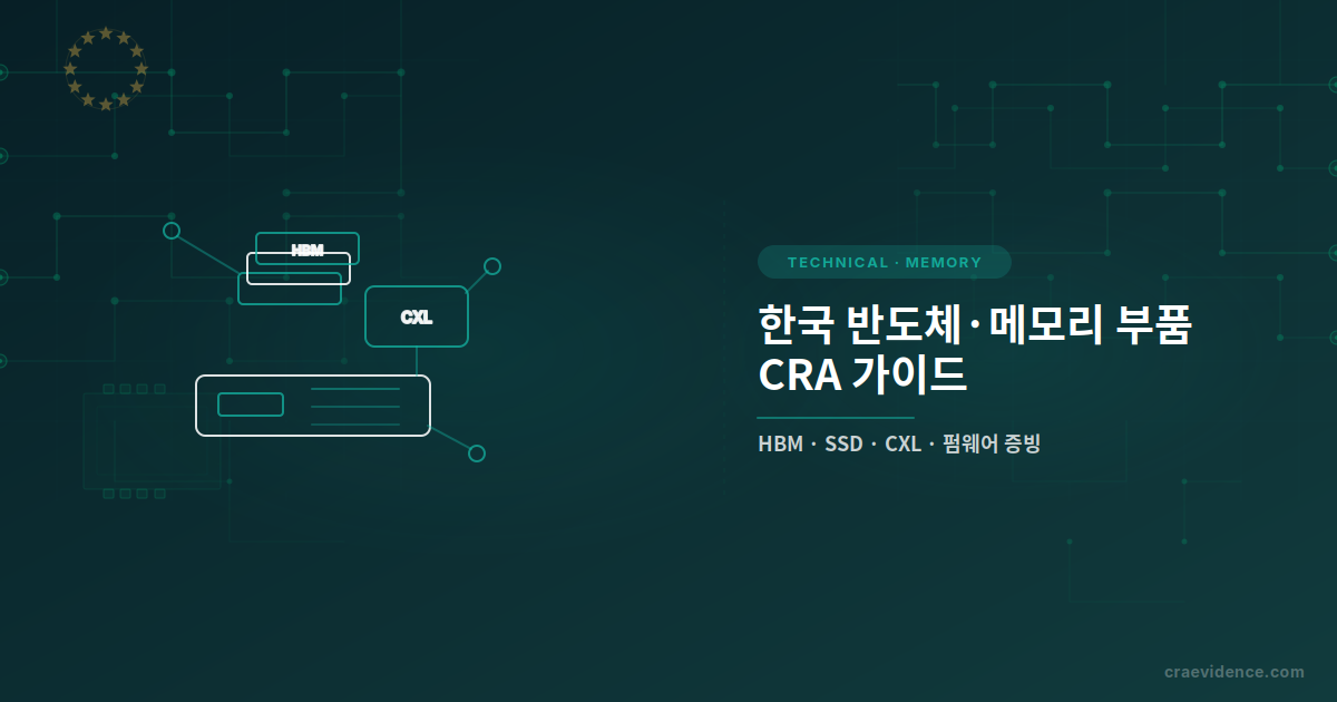 짙은 청록색 배경에 EU 별 고리, 메모리 부품 선화, 한국 반도체·메모리 부품 CRA 가이드 제목을 배치한 블로그 이미지