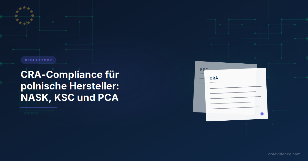 Länder-Brief zur Cyberresilienz-Verordnung für polnische Hersteller: zwei gestapelte Regelwerksblätter KSC und CRA zeigen den dualen Rahmen aus nationalem Cybersicherheitsgesetz und EU-Produktverordnung