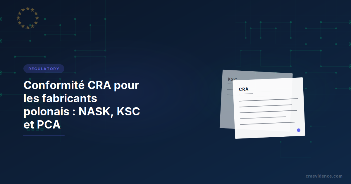 Note pays CRA pour les fabricants polonais montrant la chaîne institutionnelle nationale : CSIRT NASK pour les signalements de vulnérabilités, PCA pour l'accréditation, chevauchement KSC avec la loi amendée sur le système national de cybersécurité
