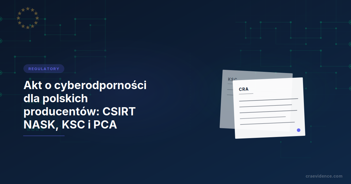 Krajowy przewodnik CRA dla polskich producentów: dwa nakładające się dokumenty pokazują akt o cyberodporności (CRA) obejmujący produkt oraz ustawę o krajowym systemie cyberbezpieczeństwa (KSC) obejmującą organizację, z łańcuchem instytucjonalnym CSIRT NASK i PCA