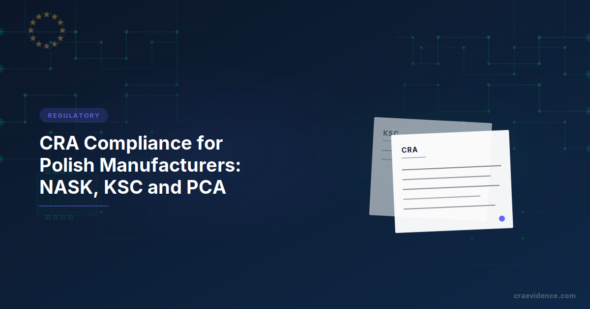 CRA country brief for Polish manufacturers showing the national institutional chain: CSIRT NASK for vulnerability reports, PCA for accreditation, KSC overlap with the amended National Cybersecurity System Act