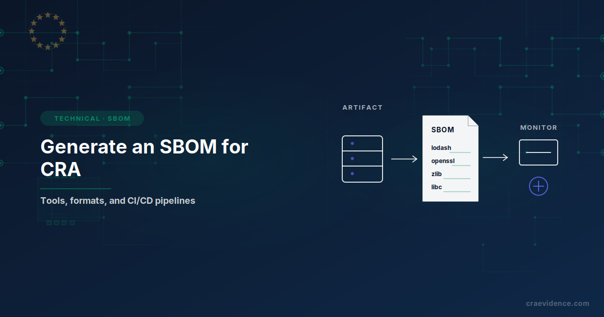 A built artifact scanned into an SBOM document listing components, then carried into continuous monitoring