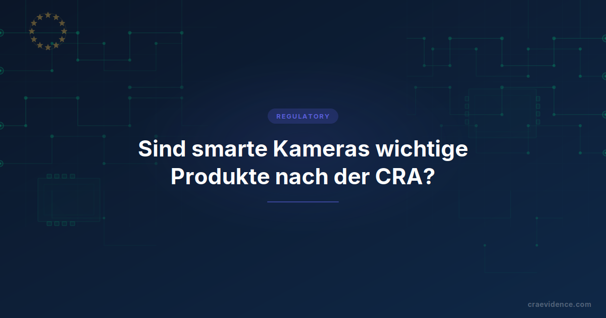 Blog-Vorschaubild mit dem Titel „Sind smarte Kameras wichtige Produkte unter dem CRA?“ auf der regulatorischen Vorlage von CRA Evidence