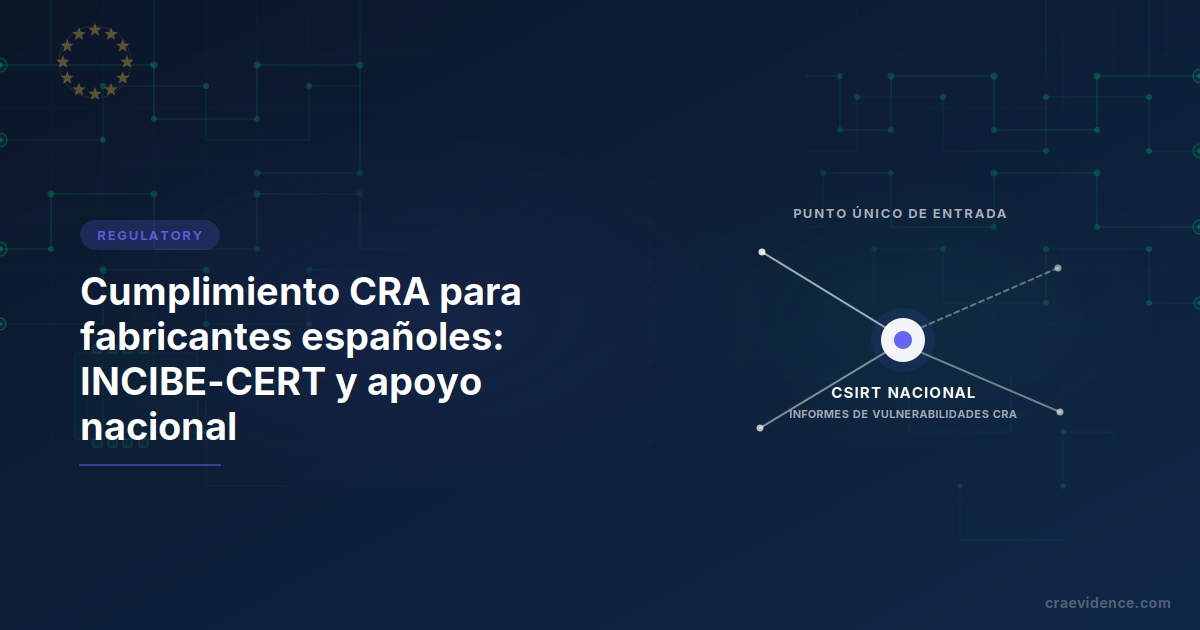 Guía nacional CRA para fabricantes españoles: cadena institucional con INCIBE-CERT para notificaciones, organismo notificado para la evaluación de conformidad y autoridad de vigilancia del mercado para la supervisión