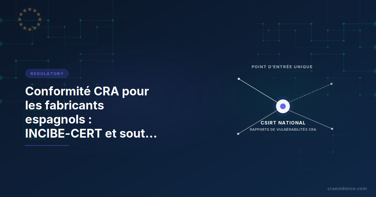 Note pays CRA pour les fabricants espagnols illustrant la chaîne institutionnelle nationale : CSIRT pour les signalements de vulnérabilités, organisme notifié pour les certificats de conformité, autorité de surveillance du marché pour l'application