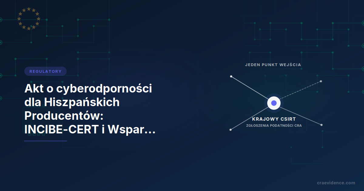 Nota krajowa CRA dla hiszpańskich producentów pokazująca krajowy łańcuch instytucjonalny: CSIRT dla zgłoszeń podatności, jednostka notyfikowana dla certyfikatów zgodności, organ nadzoru rynku dla egzekwowania przepisów