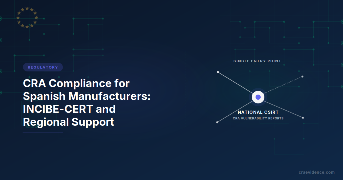 CRA country brief for Spanish manufacturers showing the national institutional chain: CSIRT for vulnerability reports, notified body for conformity certs, market-surveillance authority for enforcement