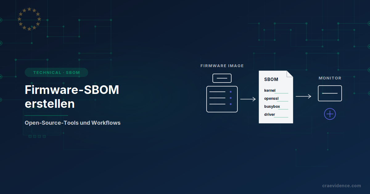 Skizzenhafte Vorschau, die ein Firmware-SBOM vom Build-Eingang bis zum Schwachstellenmonitoring zeigt