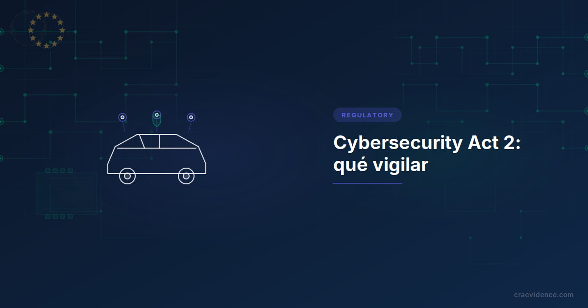 Tarjeta de previsualización del explicativo sobre el Cybersecurity Act 2: título a la izquierda, motivo ilustrativo a la derecha, acento regulatorio en índigo.