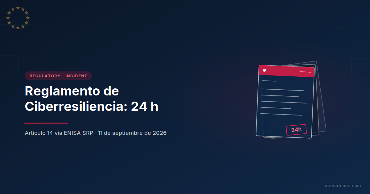 Reglamento de Ciberresiliencia (Artículo 14): cronograma de notificación de vulnerabilidades mostrando plazos de 24 horas, 72 horas, 14 días y un mes vía la ENISA Single Reporting Platform, 11 de septiembre de 2026