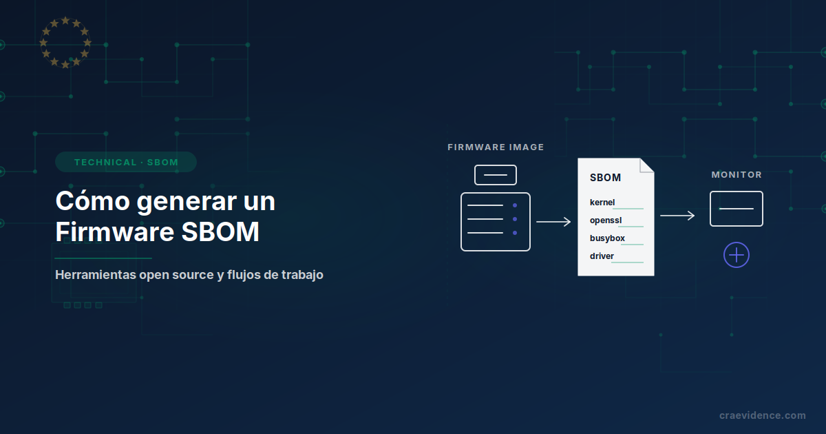 Vista previa tipo boceto que muestra un SBOM de firmware desde las entradas de compilación hasta la monitorización de vulnerabilidades