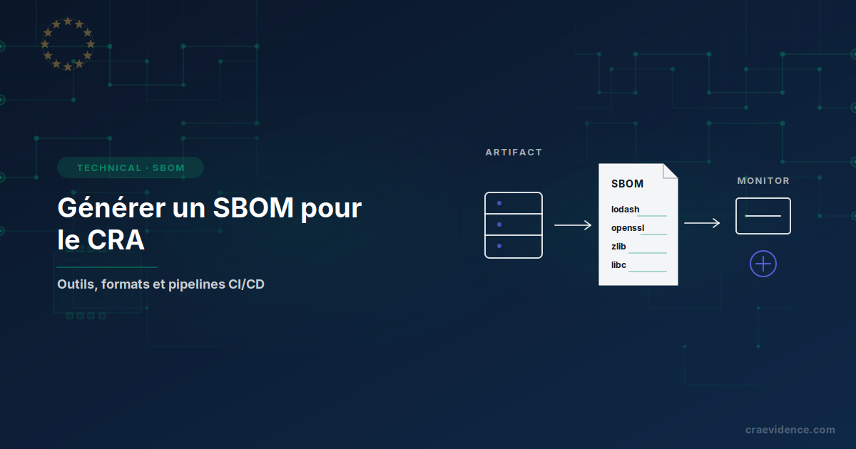 Un artefact compilé analysé en document SBOM listant les composants, puis acheminé vers la surveillance continue