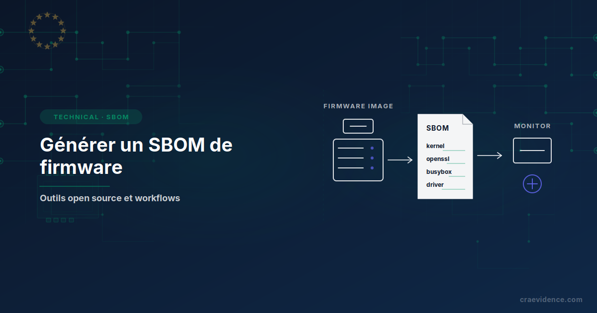 Aperçu en style croquis montrant un SBOM de firmware des entrées de build à la surveillance des vulnérabilités
