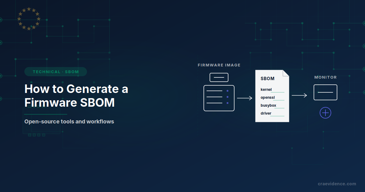 Sketch-style preview showing a firmware SBOM flowing from build inputs to vulnerability monitoring