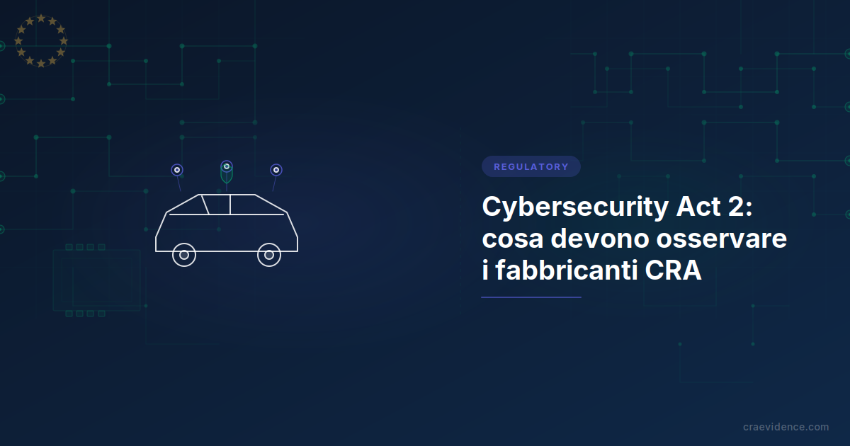 Card di anteprima dell'articolo sul Cybersecurity Act 2: titolo a sinistra, motivo illustrativo a destra, accento regolamentare indaco.