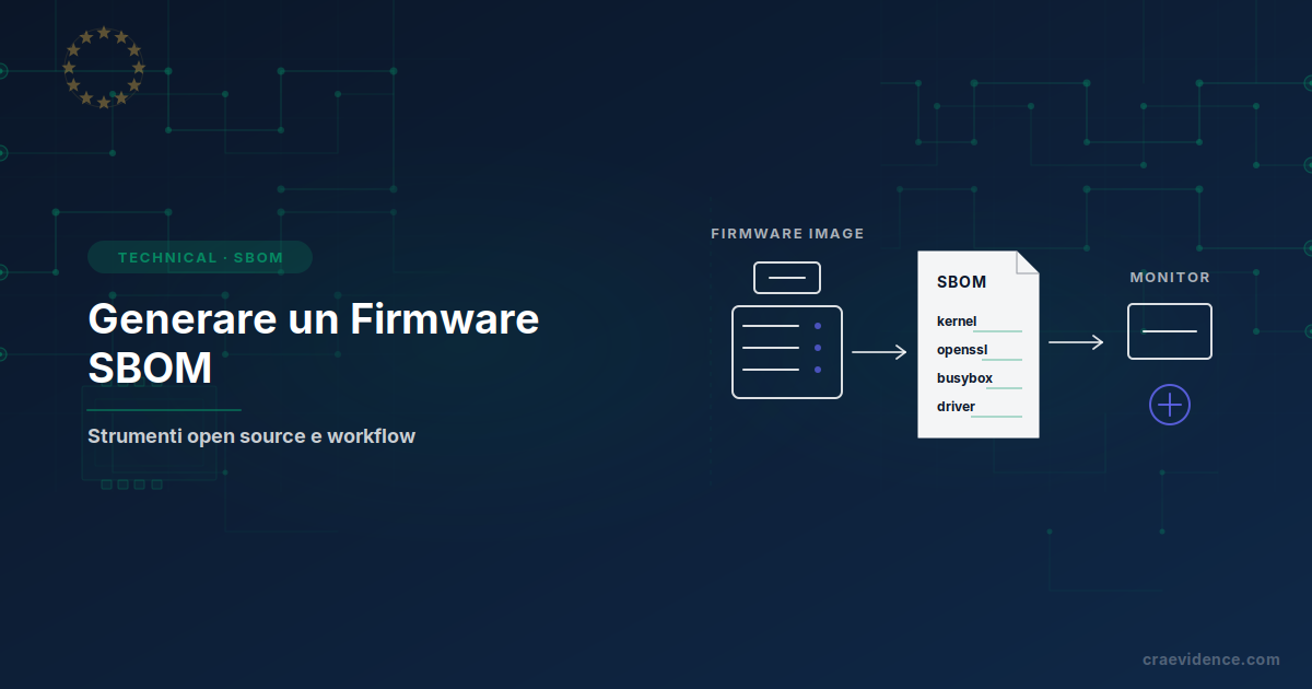 Anteprima in stile schizzo che mostra uno SBOM firmware dagli input di build al monitoraggio delle vulnerabilità