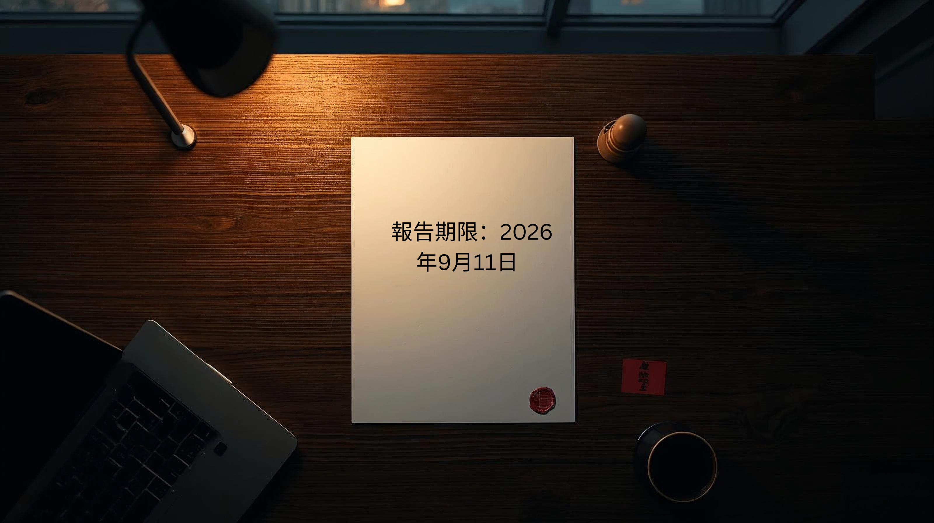 EU CRA第14条の脆弱性報告期限2026年9月11日を示すコンプライアンス文書と日本の印鑑