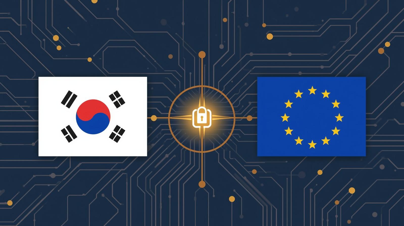 한국 제조업체를 위한 EU 사이버복원력법(CRA) 준수 가이드 — 회로 기판과 EU·한국 연결 일러스트레이션