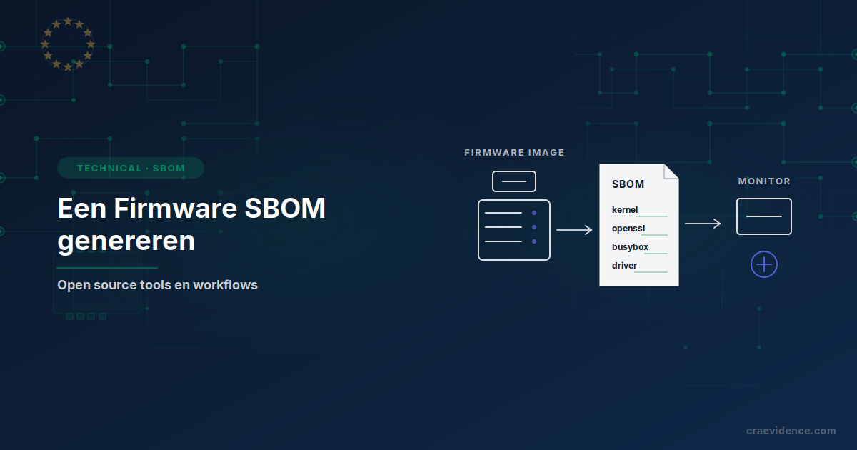 Schetsachtige preview van een firmware-SBOM van build-inputs tot kwetsbaarheidsmonitoring