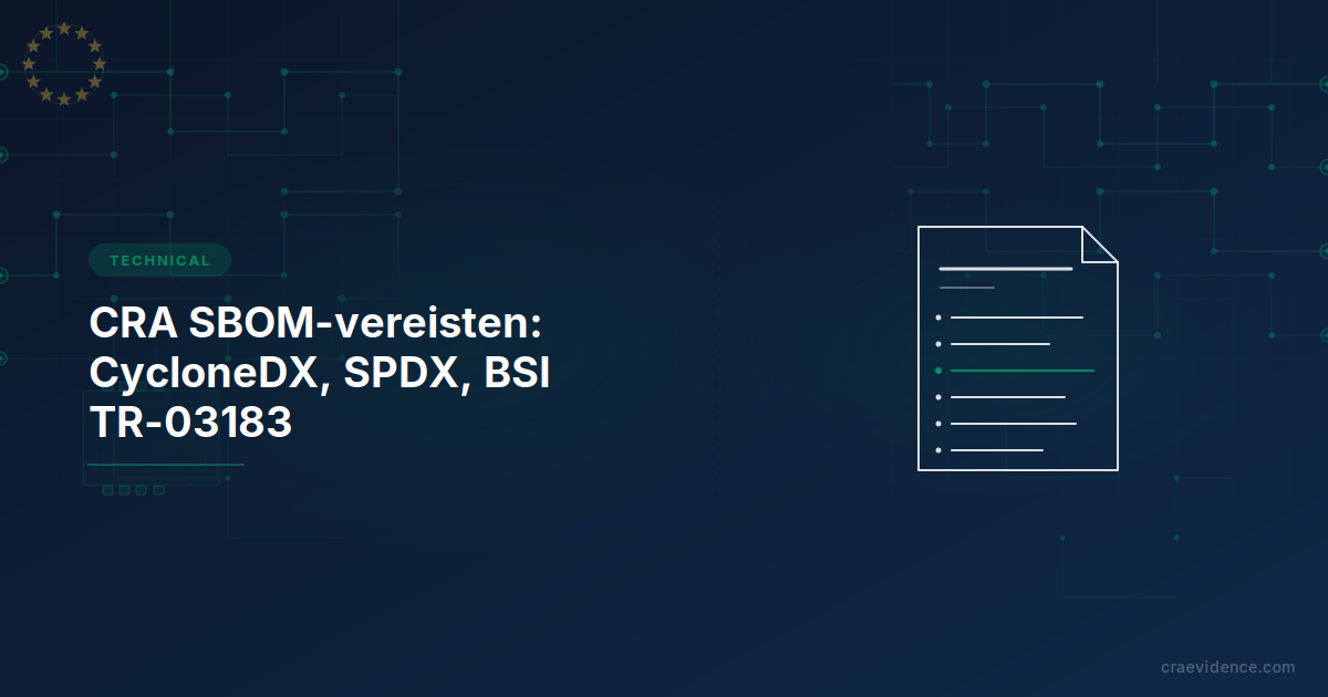 CRA SBOM-vereisten: CycloneDX, SPDX, BSI TR-03183, voorbeeldkaart op marineblauw achtergrond met EU-sterren en printplaatmotief