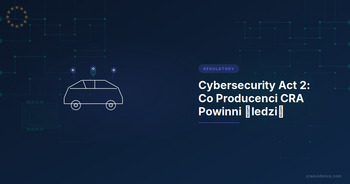 Karta zapowiedzi artykułu o Cybersecurity Act 2: tytuł po lewej, motyw graficzny po prawej, indygo akcent regulacyjny.