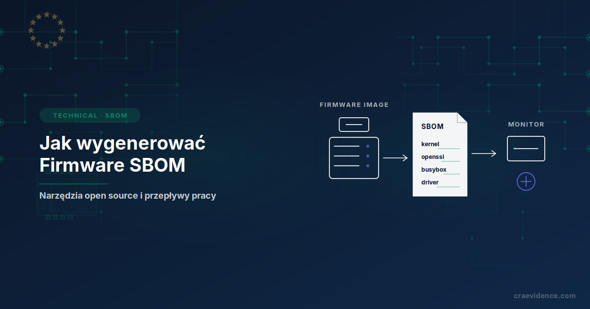 Podgląd w stylu szkicu pokazujący SBOM firmware od wejść builda do monitorowania podatności