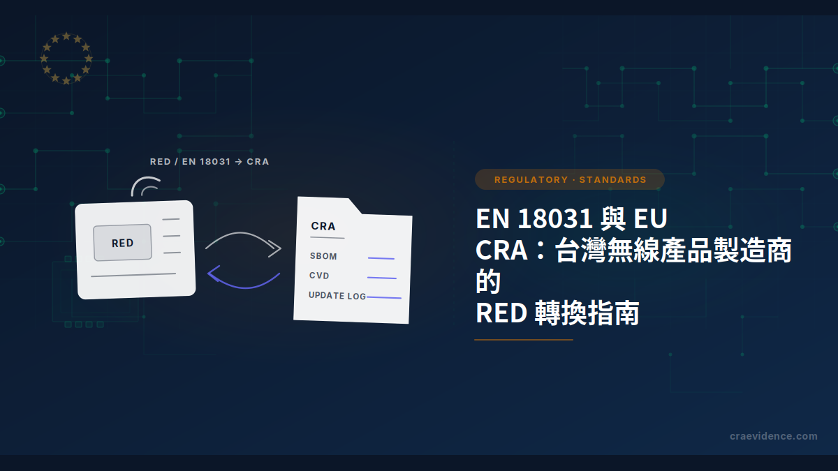 台灣無線產品製造商將 RED 與 EN 18031 證據連接到 CRA 技術文件的示意圖