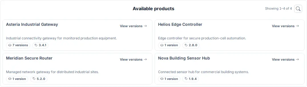 Customer Portal catalogue showing four product cards with descriptions and shared version details