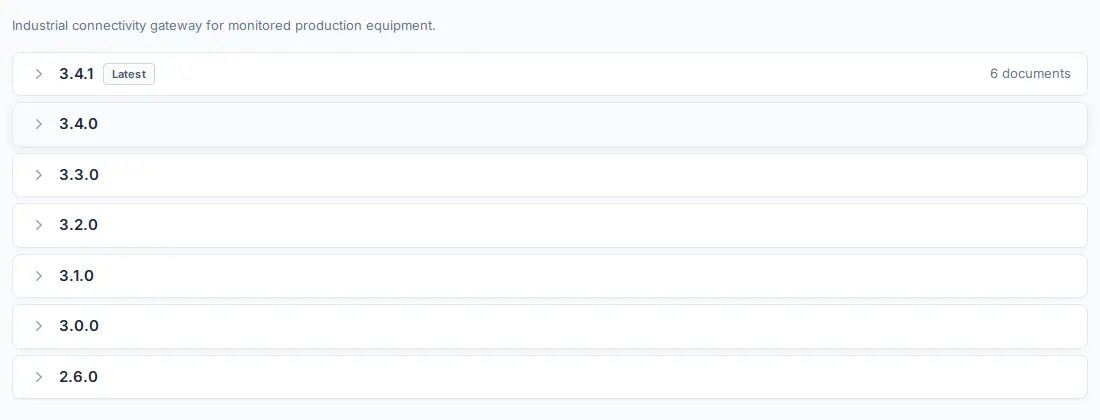 Customer Portal product page listing seven published versions of an industrial gateway