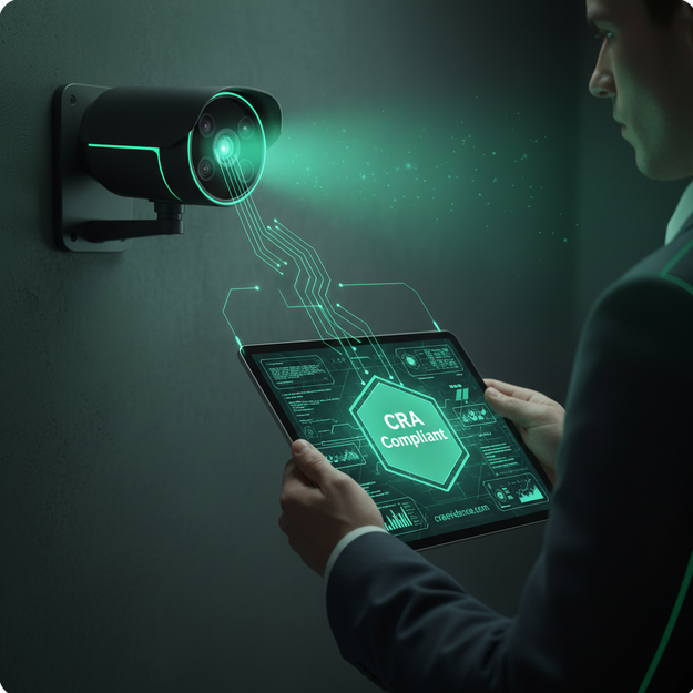 Professional security camera with a digital overlay showing CRA Compliant seal on a tablet displaying a Software Bill of Materials