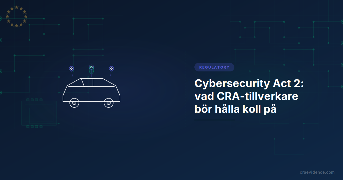 Förhandsbild för förklaringen om Cybersecurity Act 2: titel till vänster, illustrativt motiv till höger, indigo regulatorisk accent.